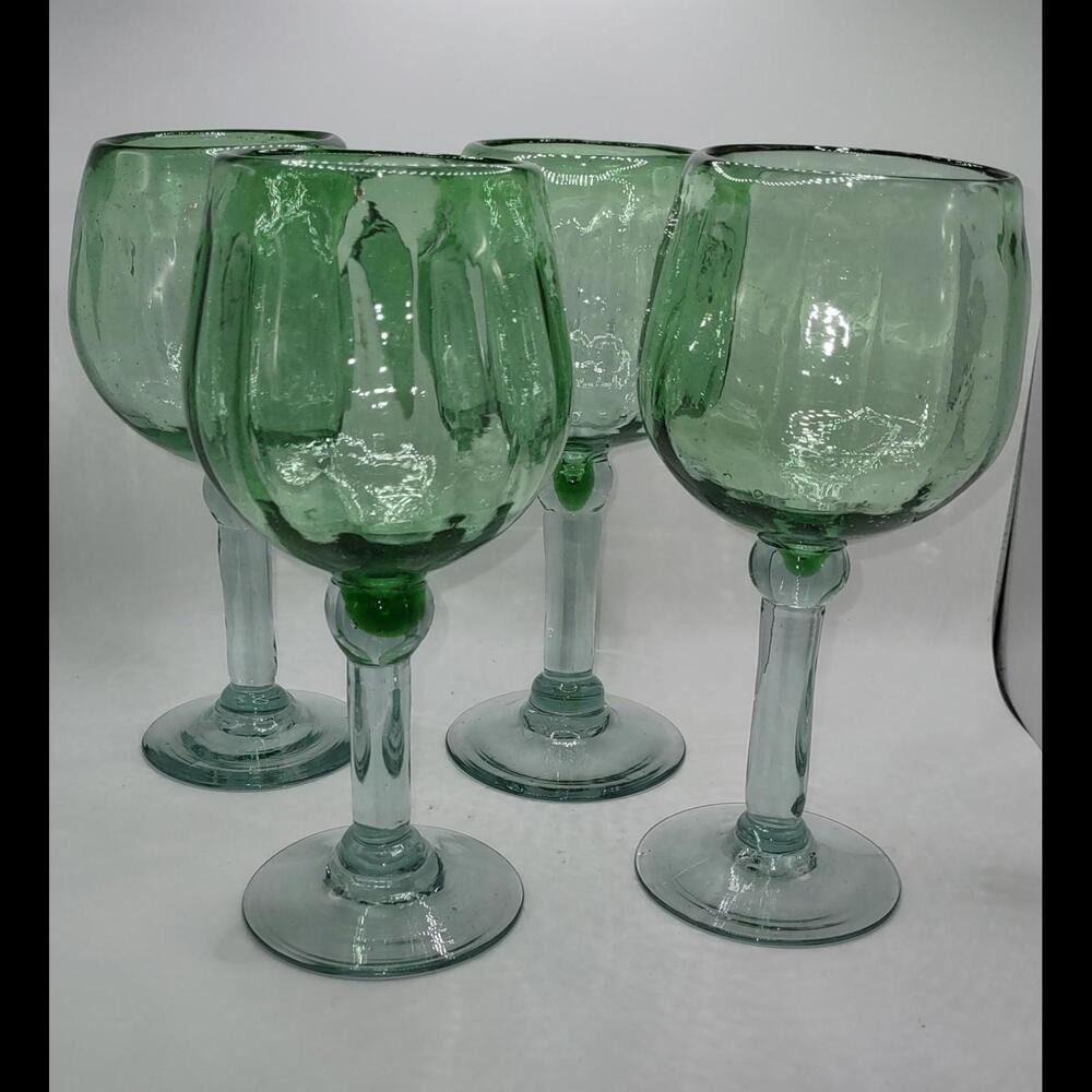 Vintage Green Blown Glass Wine Goblets Stemware Bubbles